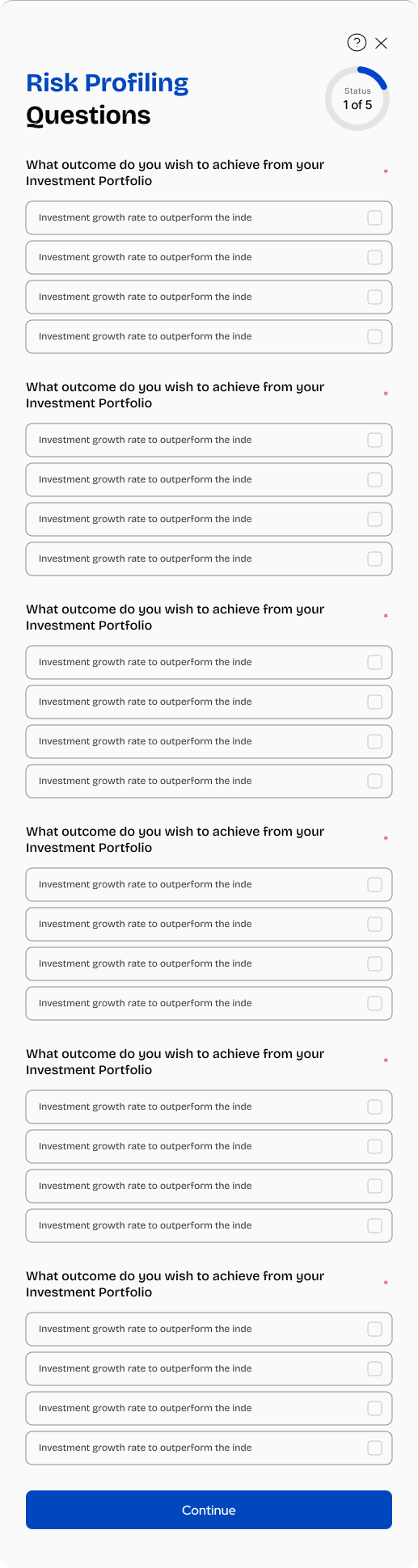 Risk Profiling β questionnaire (Status 1 of 5), all options blank