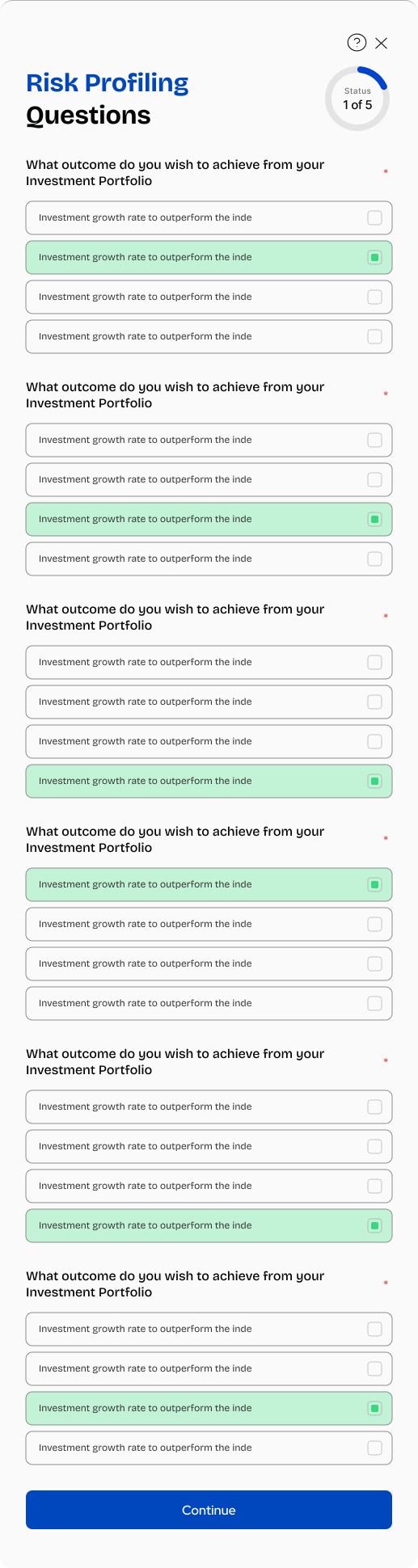 Risk Profiling β same screen with one option selected per question (green chip)