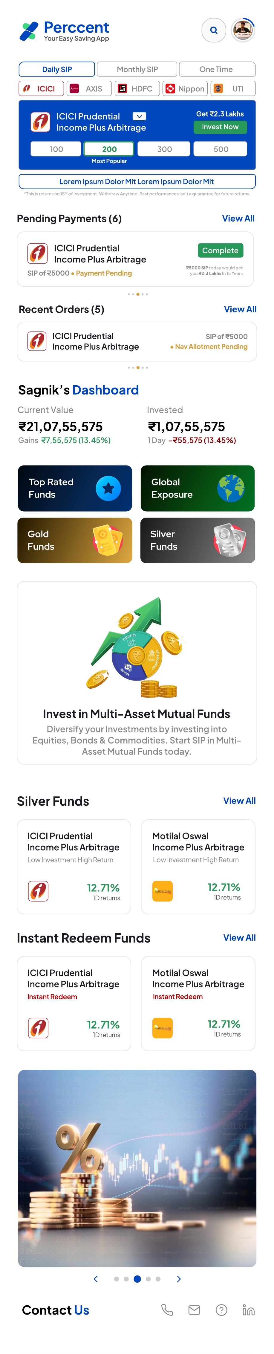 Dashboard Home โ alternative live dashboard with search, overall card, gains/investment KPIs, upcoming basket, goals rail