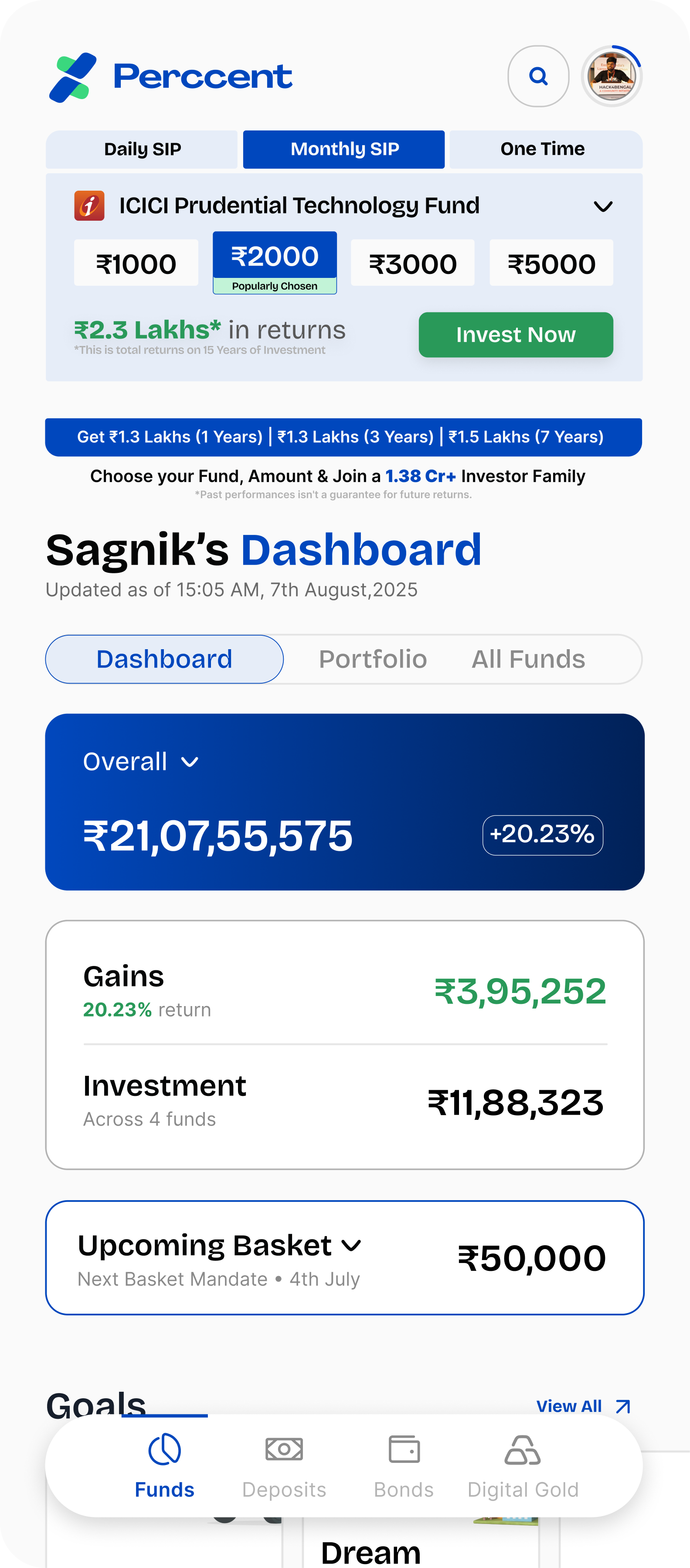 Dashboard Home โ promo SIP card, overall value, gains, investment, upcoming installments