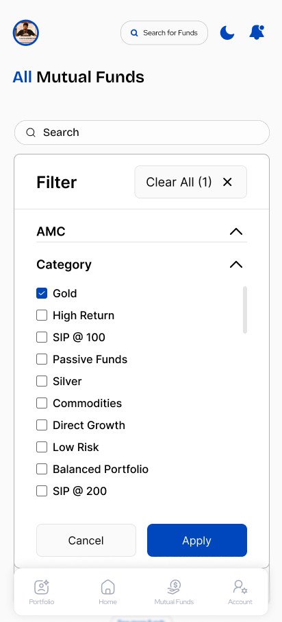 Explore โ filter modal: AMC, Category, Risk; Clear All; Cancel / Apply