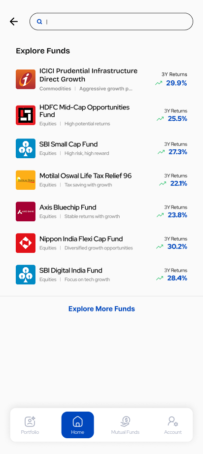 Explore โ search bar focused with empty query; shows 'Explore Funds' suggestions