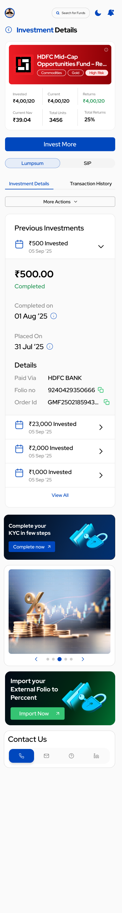 Investment detail (Lumpsum) — Current value, Invested, Returns %, Previous Investments list with Folio + Order ID + Paid via