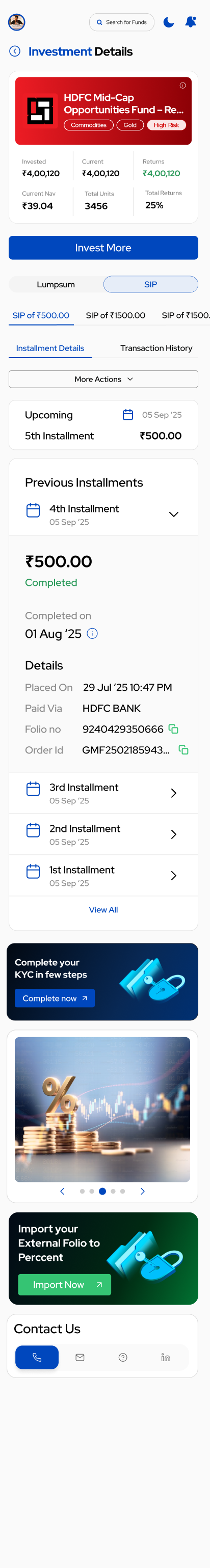 Investment detail (SIP) — multi-SIP variant with per-stream chips (₹500 / ₹1500 / ₹1500) above Installment Details