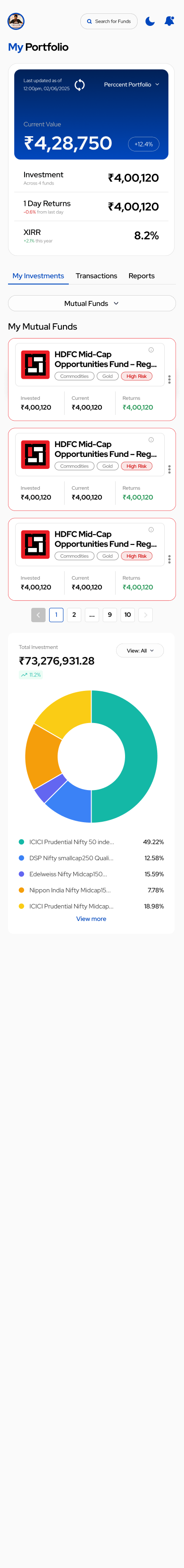 My Portfolio (My Investments tab) — summary card, asset-type dropdown, per-fund holdings, paginator, portfolio doughnut chart