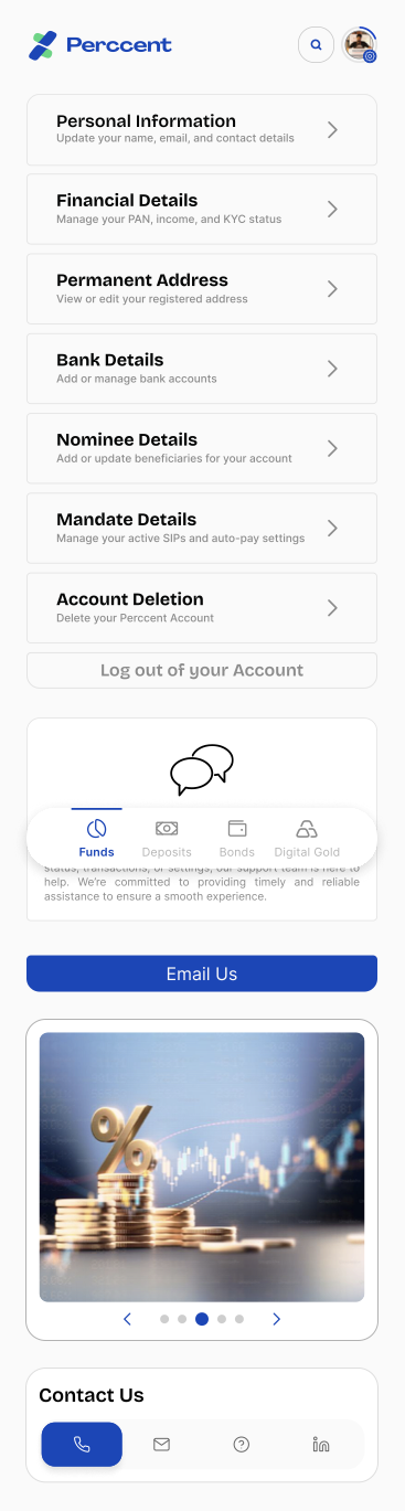 Account tab (collapsed) — Personal Information, Financial Details, Permanent Address, Bank Details, Nominee Details, Mandate Details, Account Deletion, Log out
