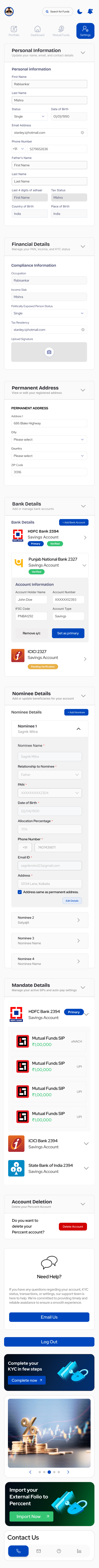 Account tab (fully expanded) — every section open: Personal Info, Compliance Info, Address, Banks (3), Nominees (4), Mandates, Account Deletion, Need Help, Email Us, Log Out