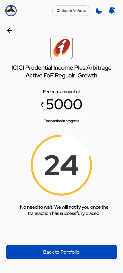 Redeem — Transaction in progress (24-second polling ring)