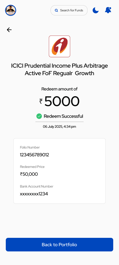 Redeem — Redeem Successful (Folio, Redeemed Price ₹50,000, Bank Account xxxxxxxx1234)