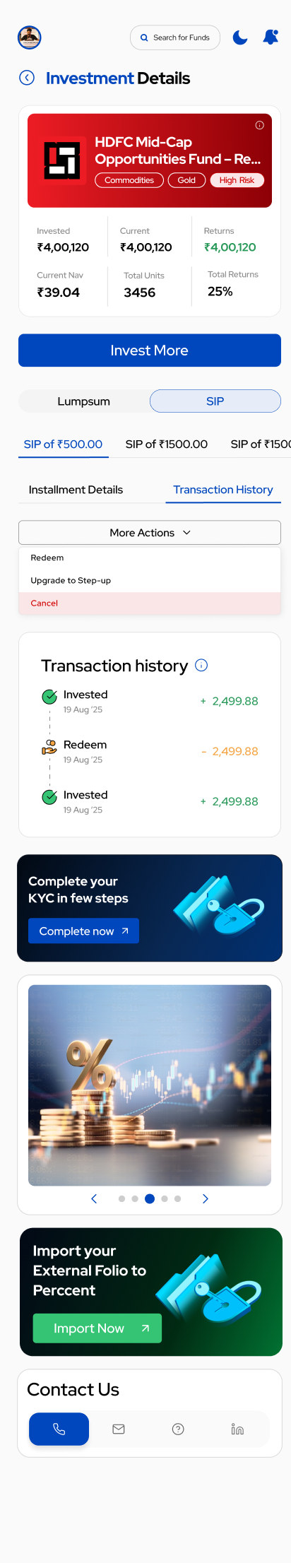 Holding detail — More Actions menu open (Cancel etc.)