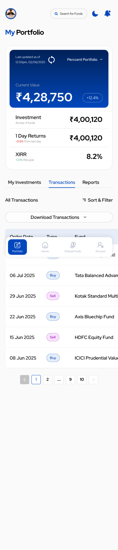 Portfolio — Transactions tab: All Transactions, Sort & Filter, Download Transactions, dated Buy/Sell rows, paginator
