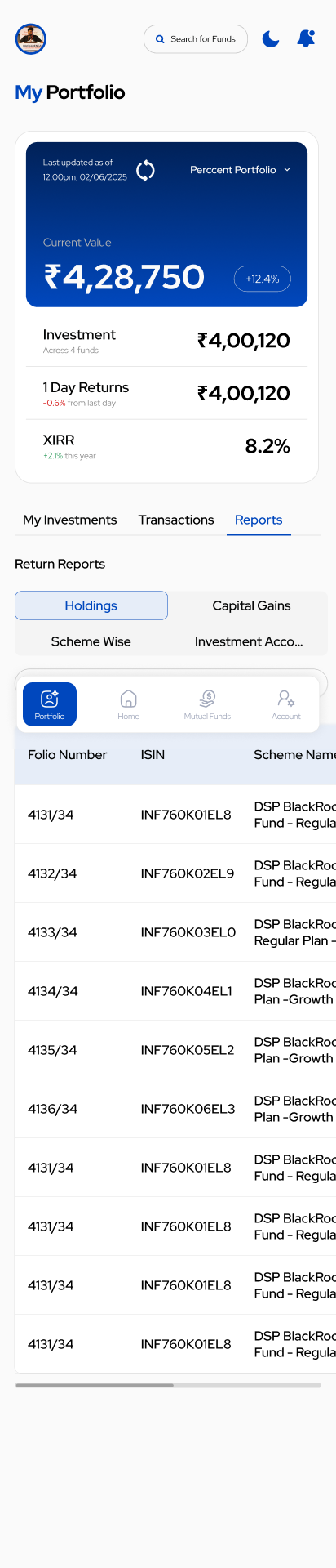 Portfolio — Reports tab: Return Reports (Holdings/Capital Gains/Scheme Wise/Investment Account), Folio + ISIN + Scheme Name table